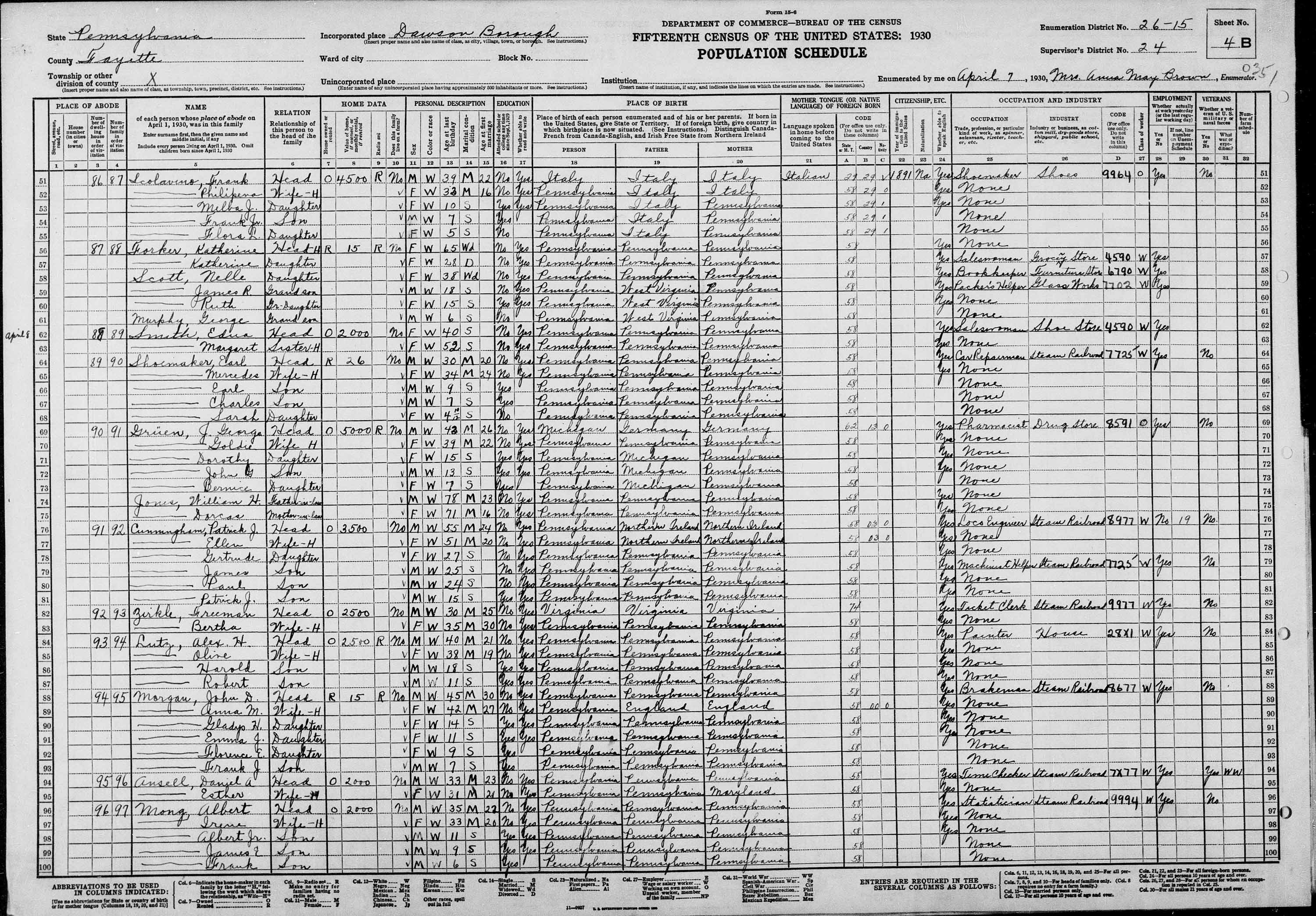 1930 census Gruen with Wm & Dorcas