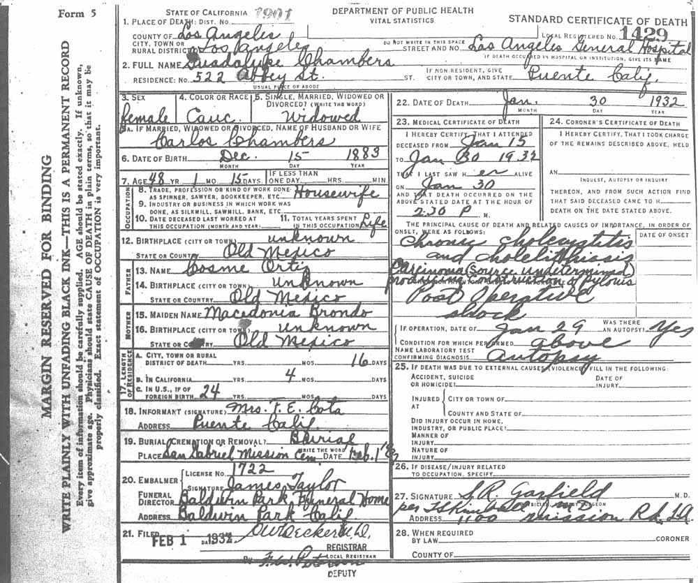 Guadalupe O Chambers Death Certificate